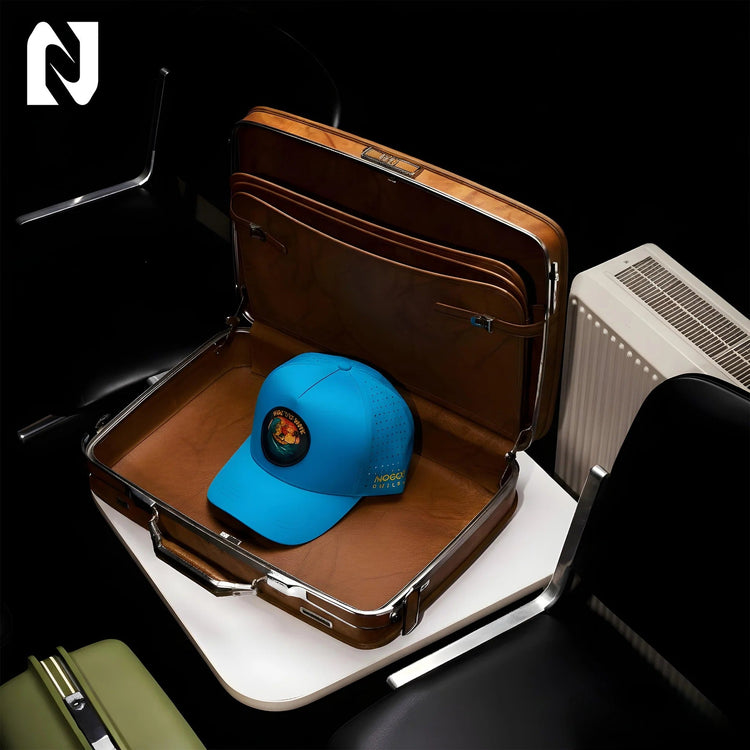 Back view of the Nogorshilpo 5-panel cap highlighting the adjustable antique brass buckle strap.