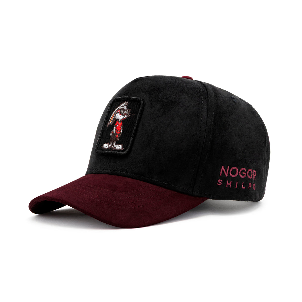Inside view of Nogor Shilpo black and maroon suede cap with branded NOGOR SHILPO taping
