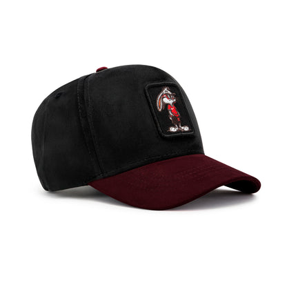 Nogor Shilpo black suede baseball cap with maroon visor and embroidered rabbit patch, front view