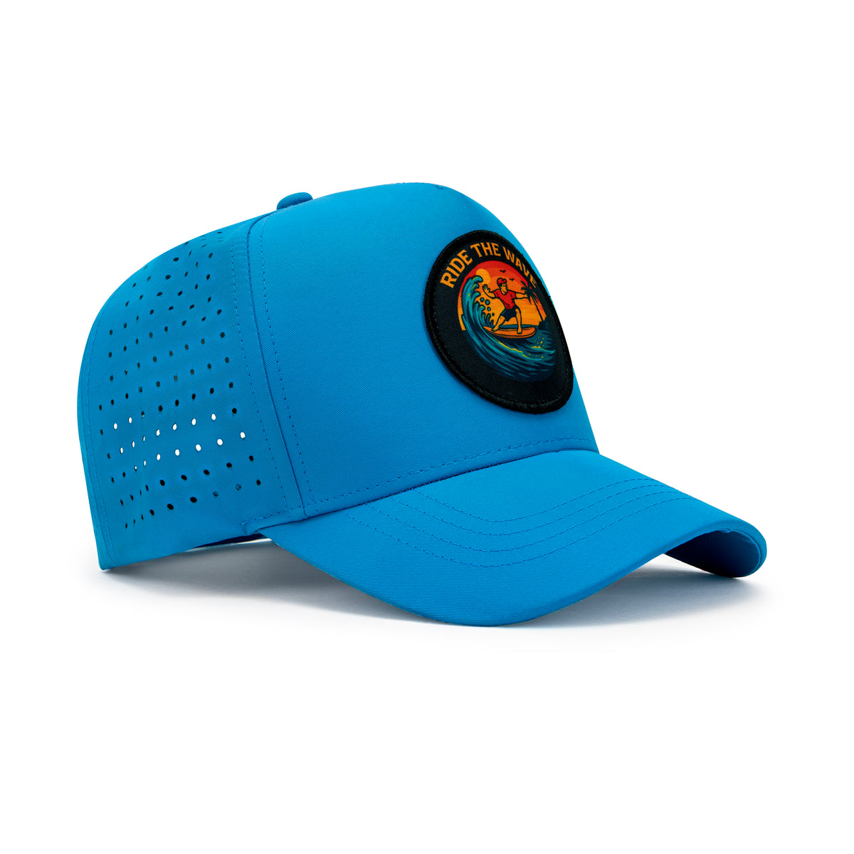 Rear side view of blue perforated performance cap with lion logo label and snapback strap