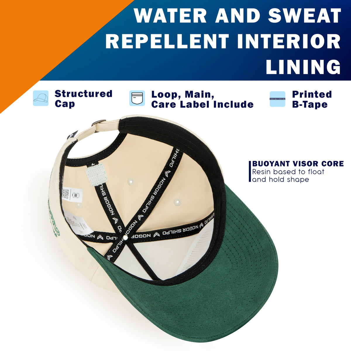 Green and beige cap with text about water and sweat repellent interior lining on a white background
