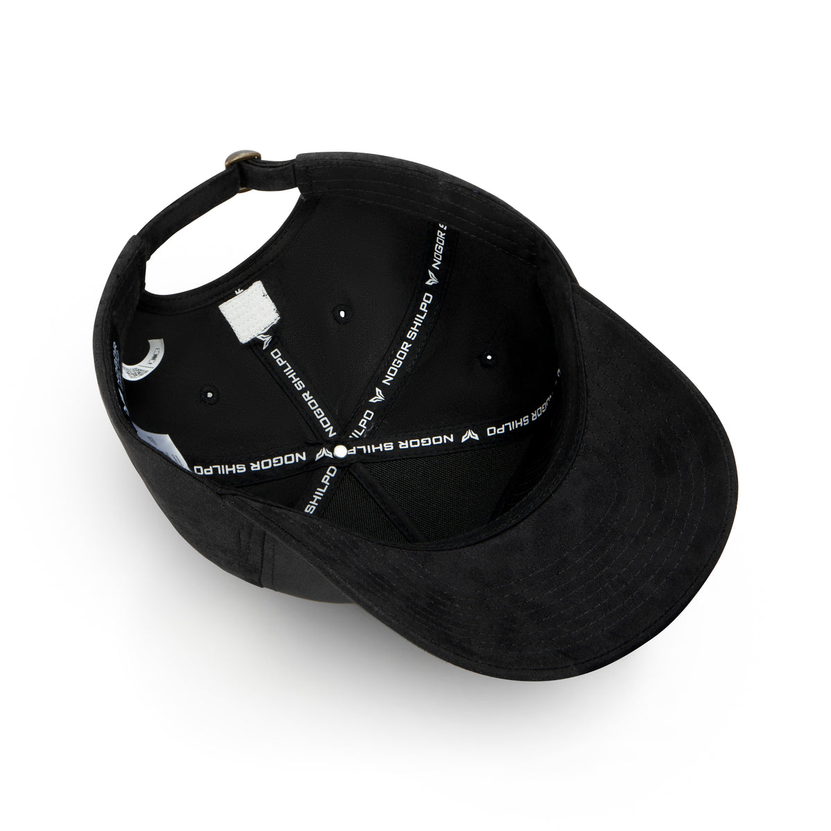 Inside view of black suede cap with NOGORSHILPO branding
