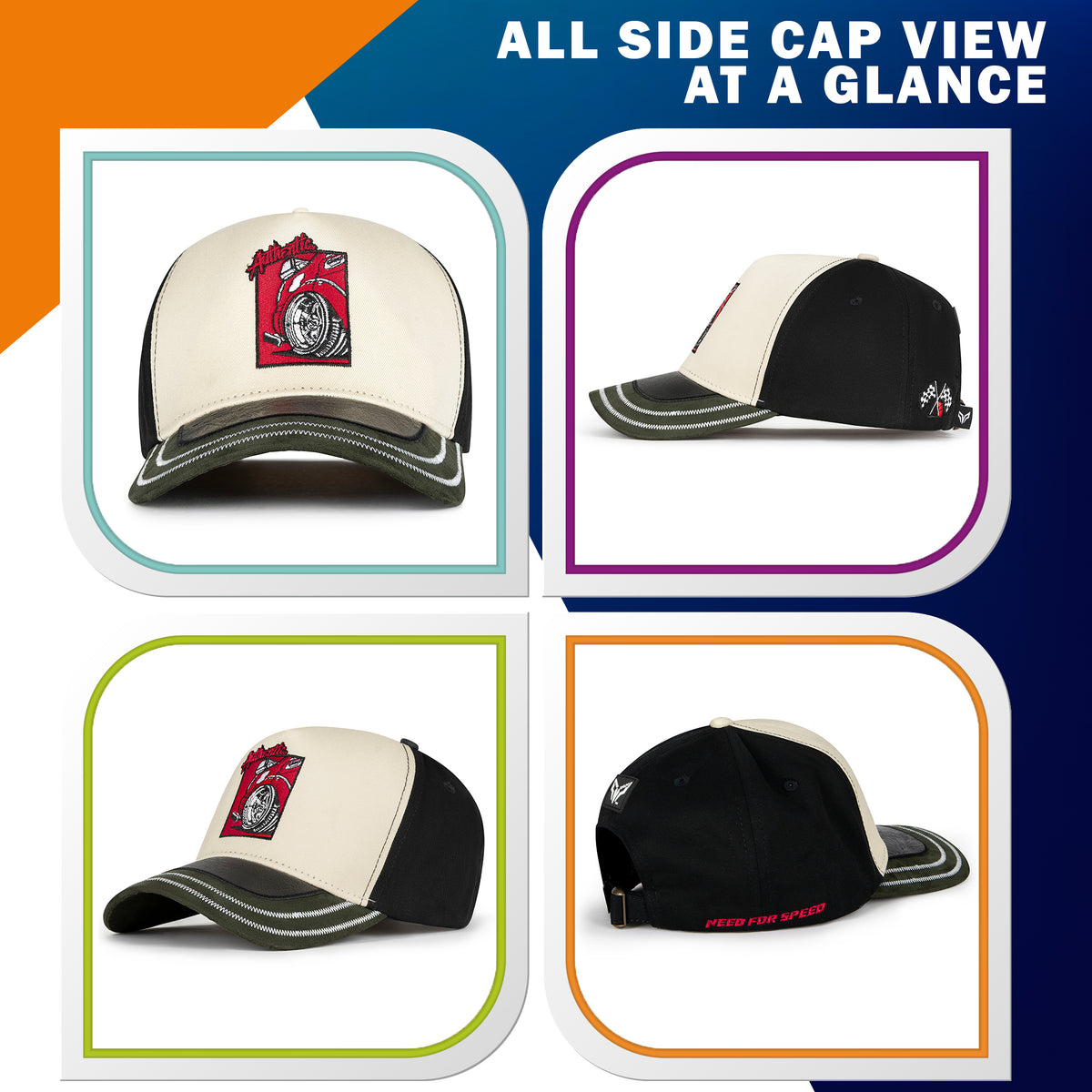 Four side views of a cap with different color frames on a blue and orange background.