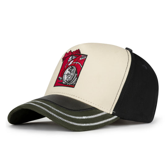 Back view of black and cream cap with red racing-style embroidery, rubberized emblem patch and brass buckle