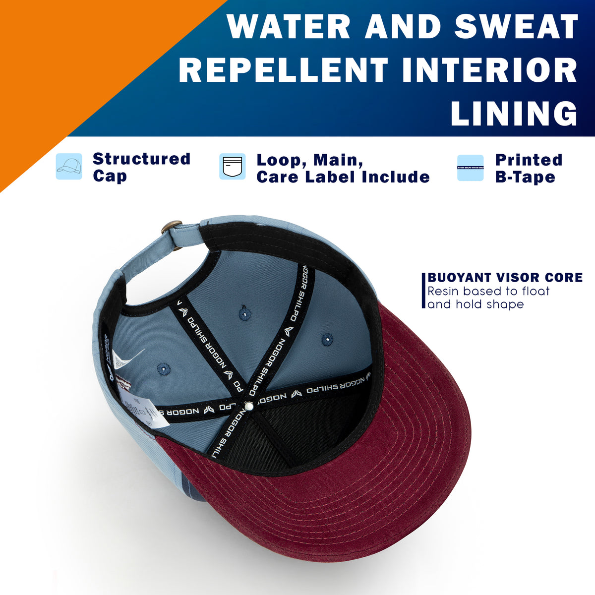 Maroon and blue cap with text about water and sweat repellent interior lining on a white background