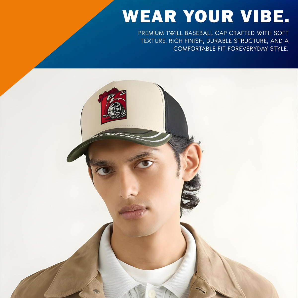Man wearing a cap with branding, promotional text about cap features, and a colorful background.