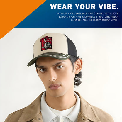 Man wearing a cap with branding, promotional text about cap features, and a colorful background.