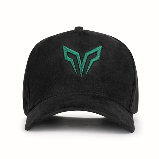 Side angle of black suede baseball cap with green geometric embroidered logo and curved visor