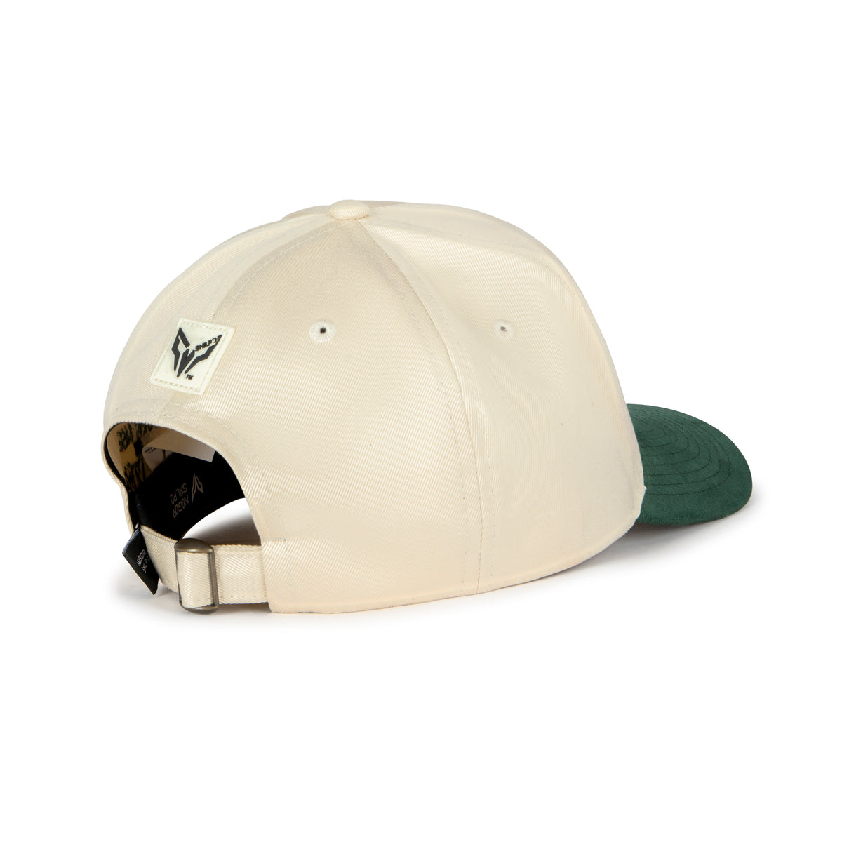 Beige and green cap with a logo on a white background