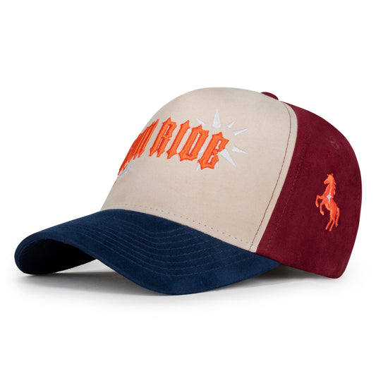 Back view of burgundy suede cap with rubberized Nogor Shilpo emblem patch, brass buckle and navy visor
