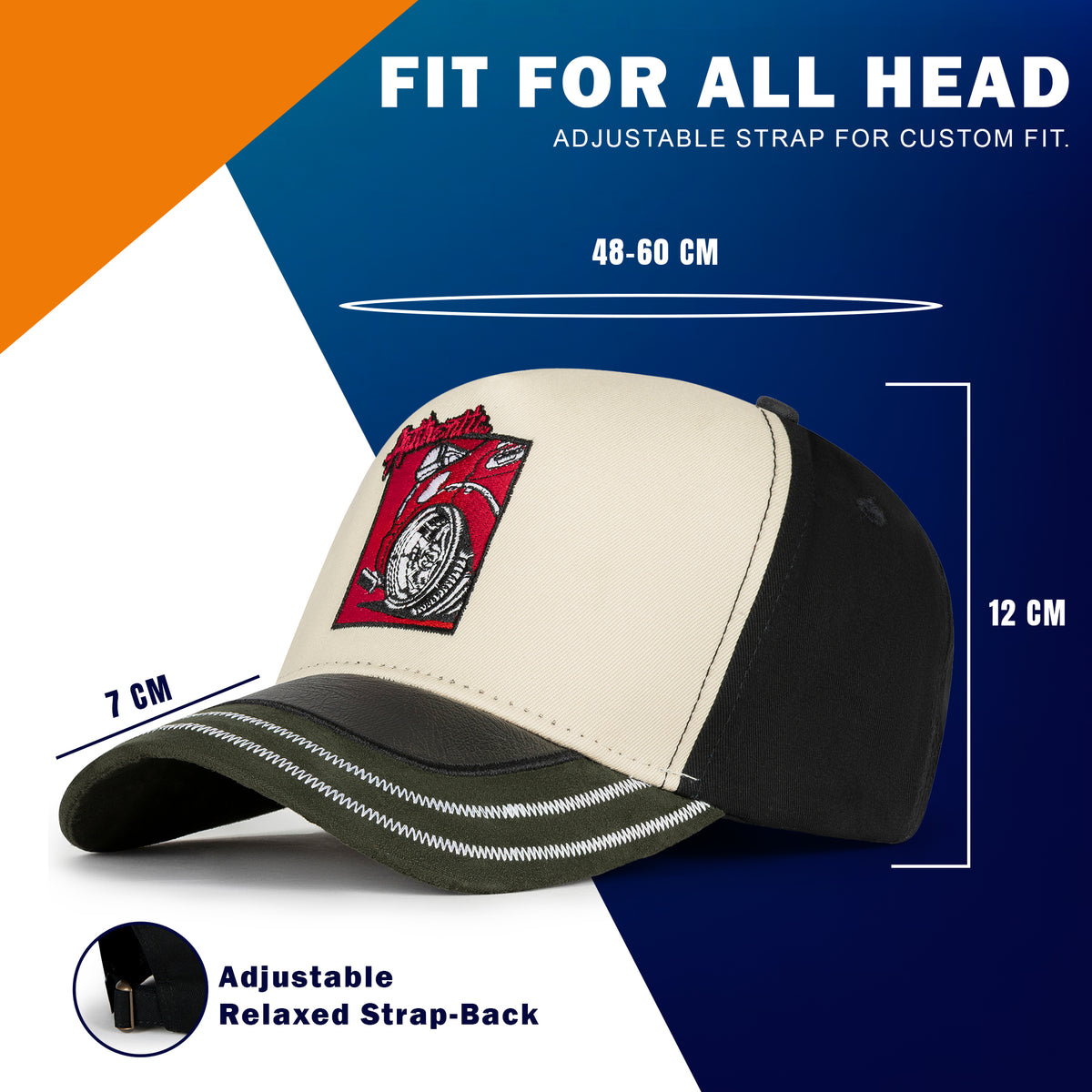 Cap with a logo on a blue and orange background with measurements and text about adjustable strap fit.