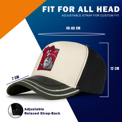 Cap with a logo on a blue and orange background with measurements and text about adjustable strap fit.