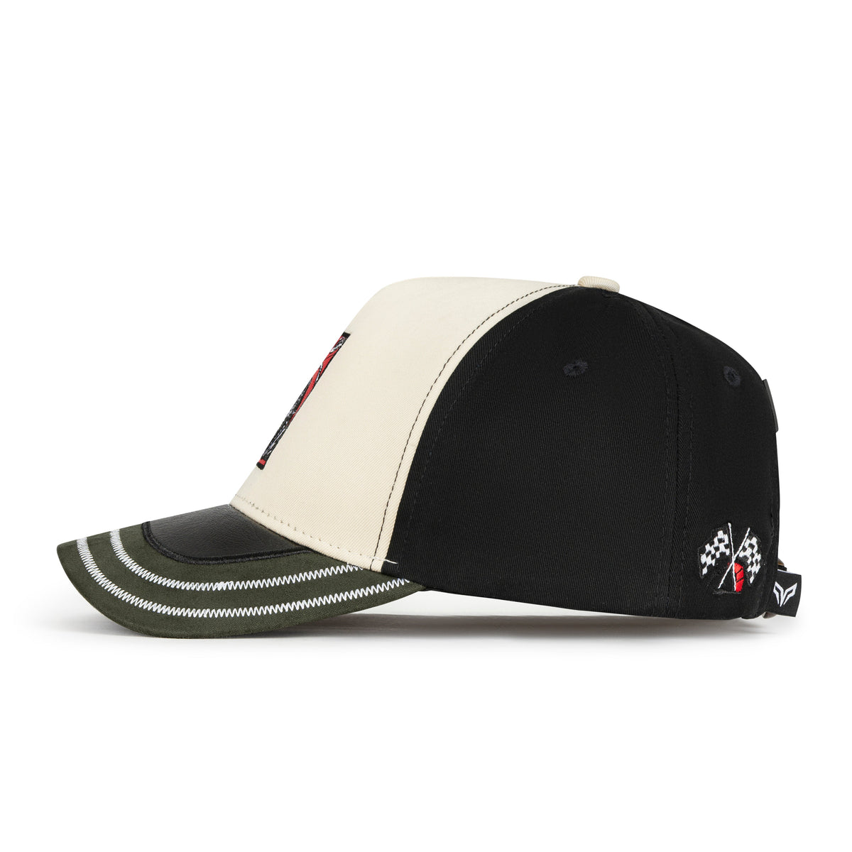 Authentic cream, black and olive cap with classic car wheel embroidery and zigzag-stitched suede visor, front angle