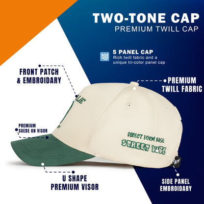 Two-tone green cream snapback cap with bold slogan embroidery – side view