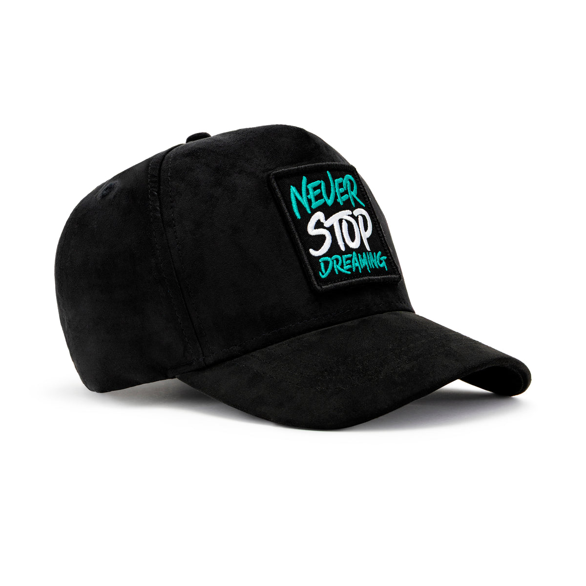 Never Stop Dreaming black suede baseball cap with teal and white embroidered patch, front angle