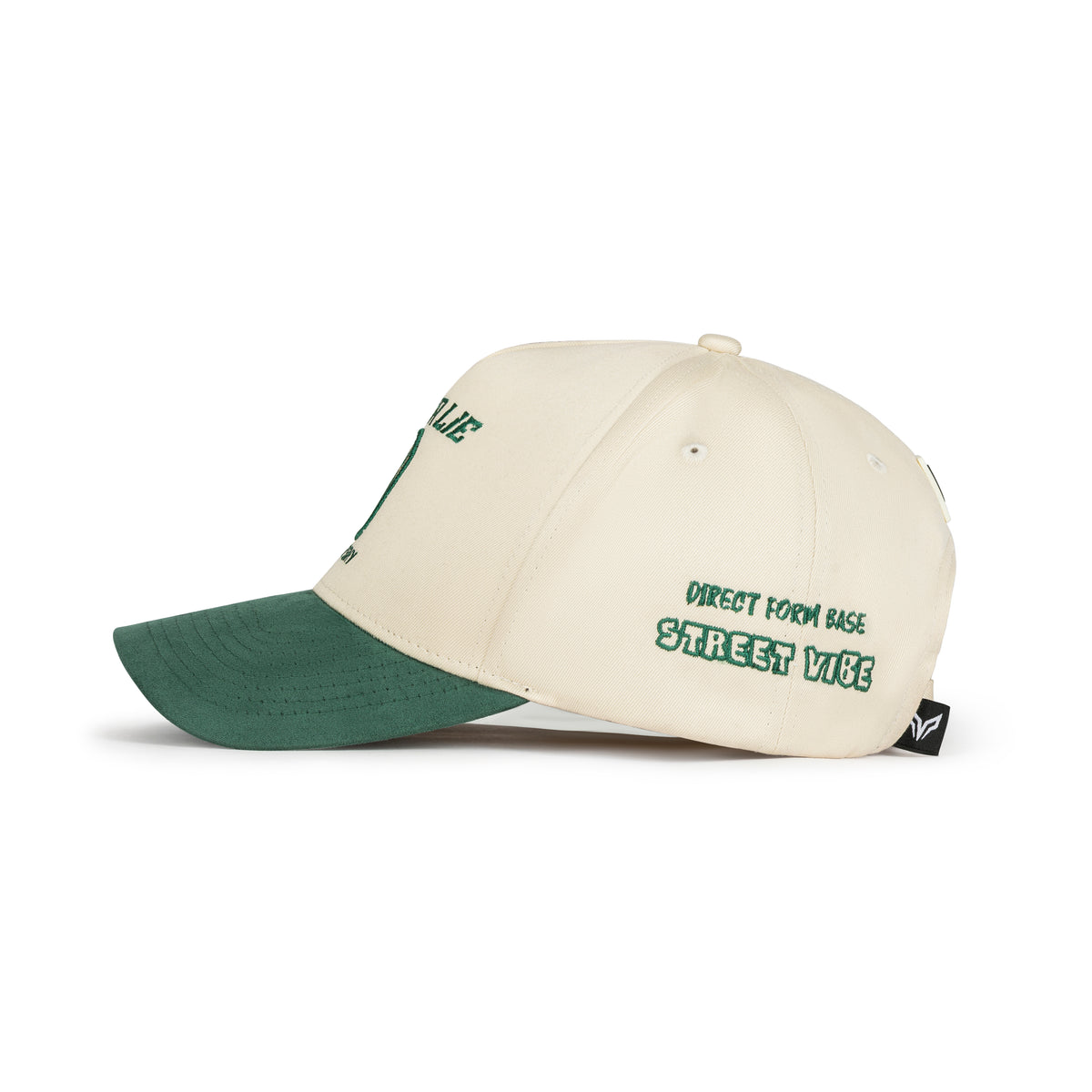 Front view of Never Lie Never Shy cream cap with green embroidered badge and green suede-feel visor