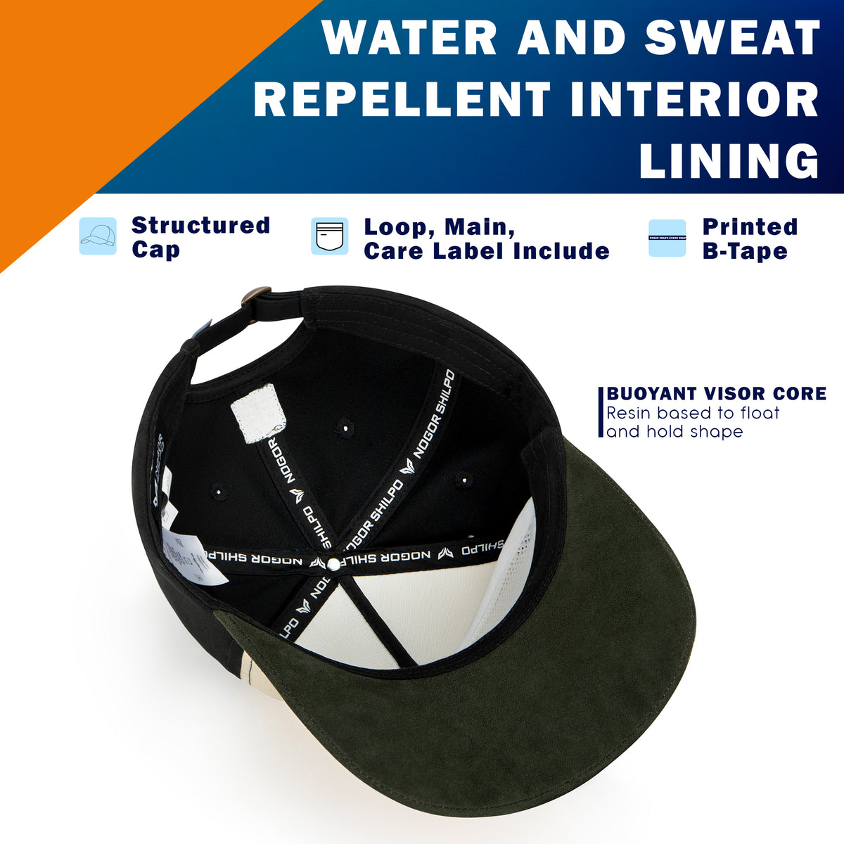 Black cap with white geometric pattern on a white background, featuring text about water and sweat repellent interior lining.