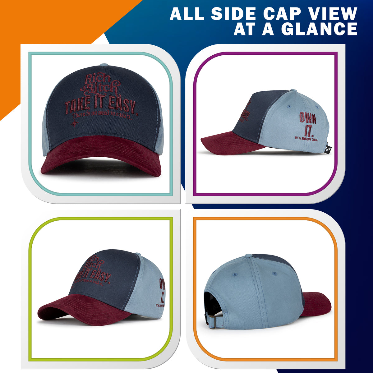 Take It Easy gray maroon trucker cap – all side views front back left right – NOGORSHILPO-US