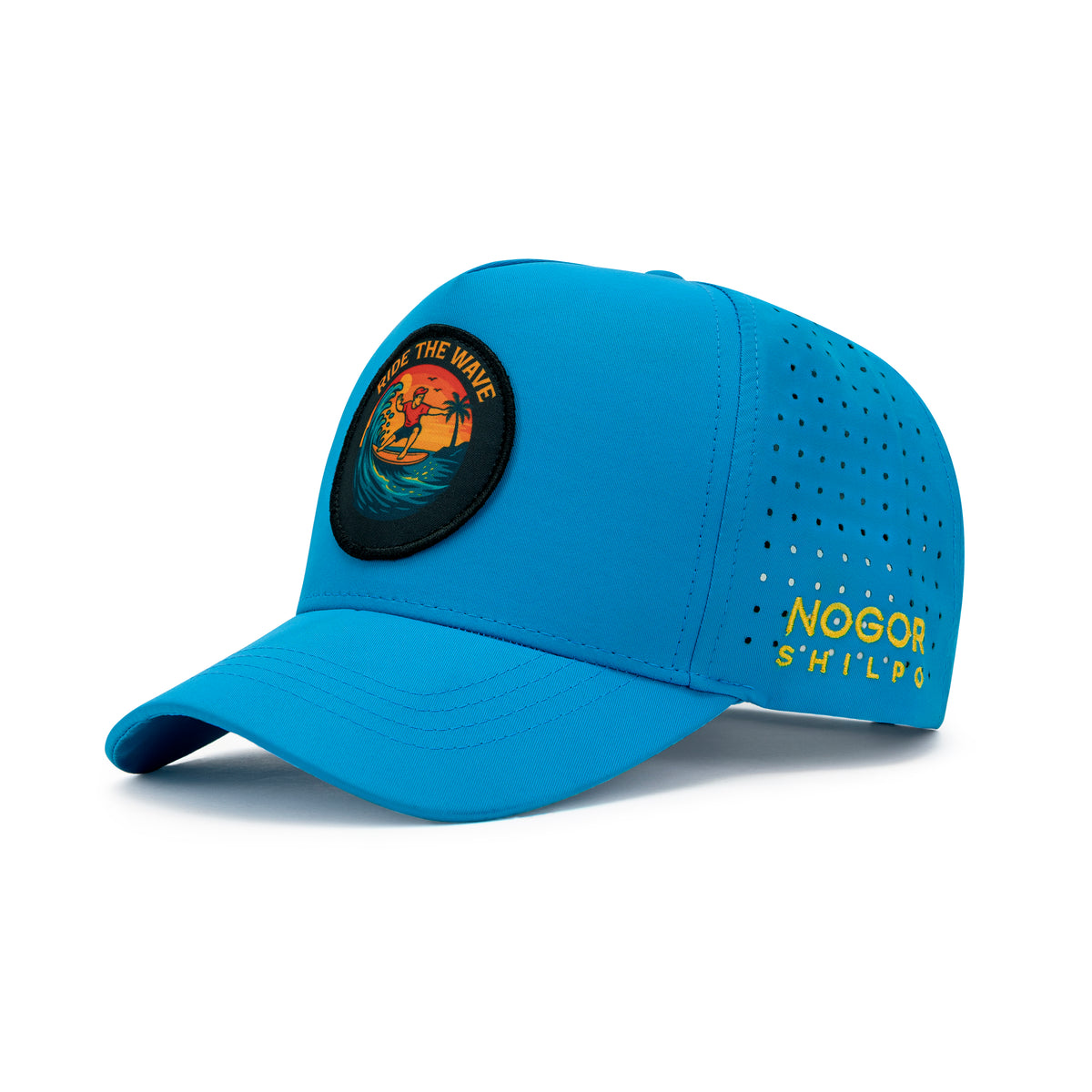 Inside view of Nogor Shilpo blue cap with perforated lining, white mesh and branded lion seam tape