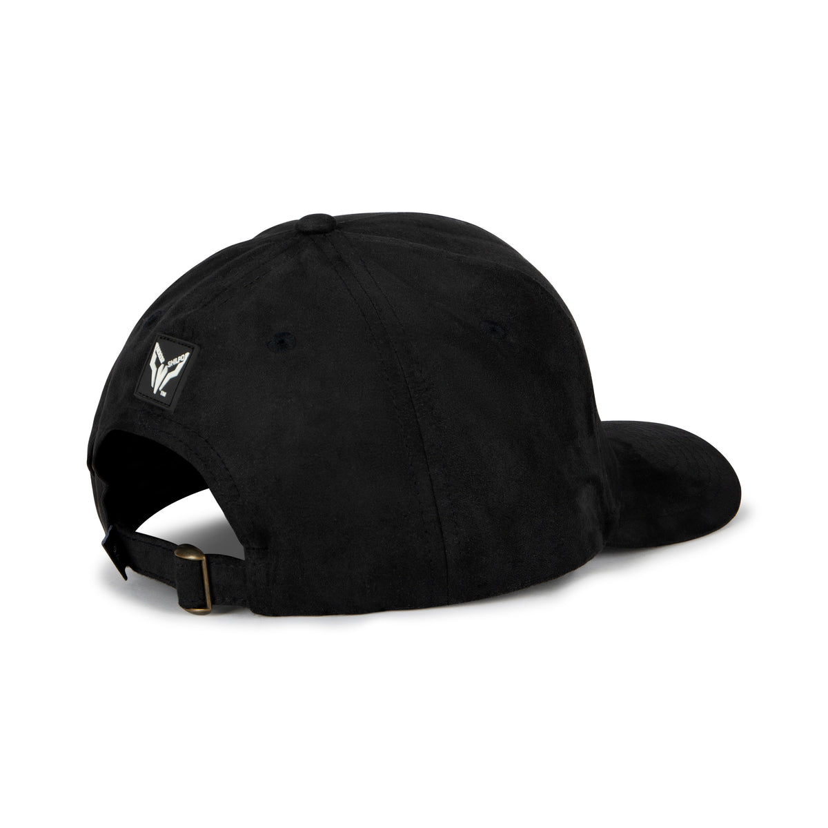 Black cap with a logo on the back against a white background