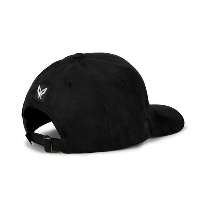 Black cap with a logo on the back against a white background