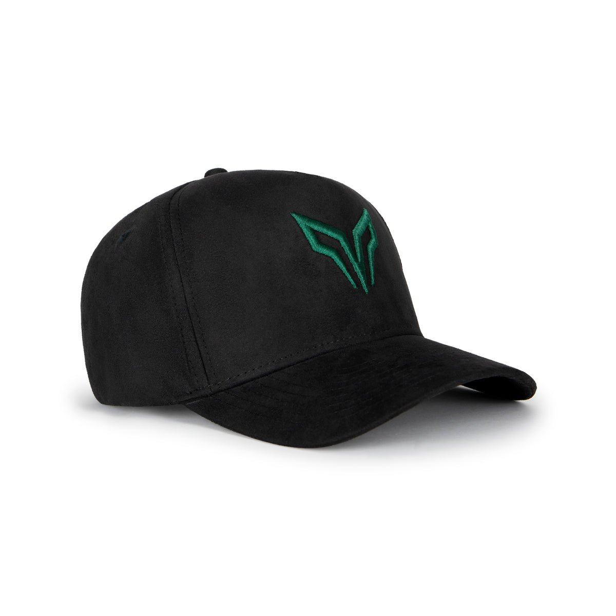 Back view of black suede cap with white woven emblem label and antique gold metal buckle