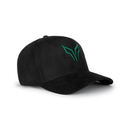 Back view of black suede cap with white woven emblem label and antique gold metal buckle