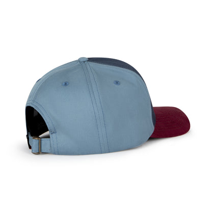 Take It Easy navy, dusty blue and burgundy baseball cap with 3D burgundy embroidery, front angle