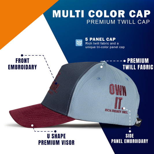 Back view of dusty blue twill cap with brass slide buckle and burgundy suede-feel visor