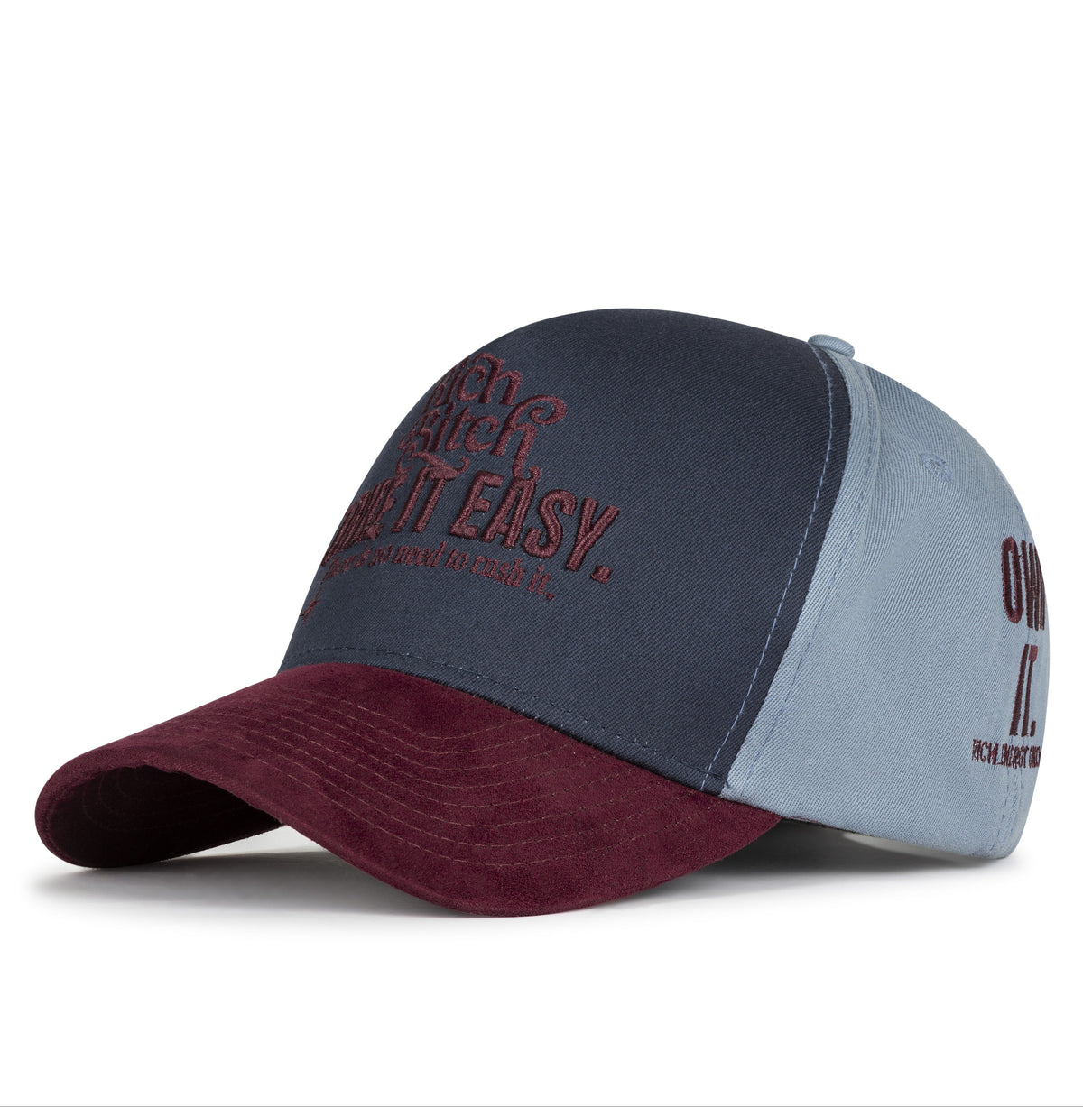 Inside view of Take It Easy cap with black Nogor Shilpo emblem seam tape and burgundy suede visor