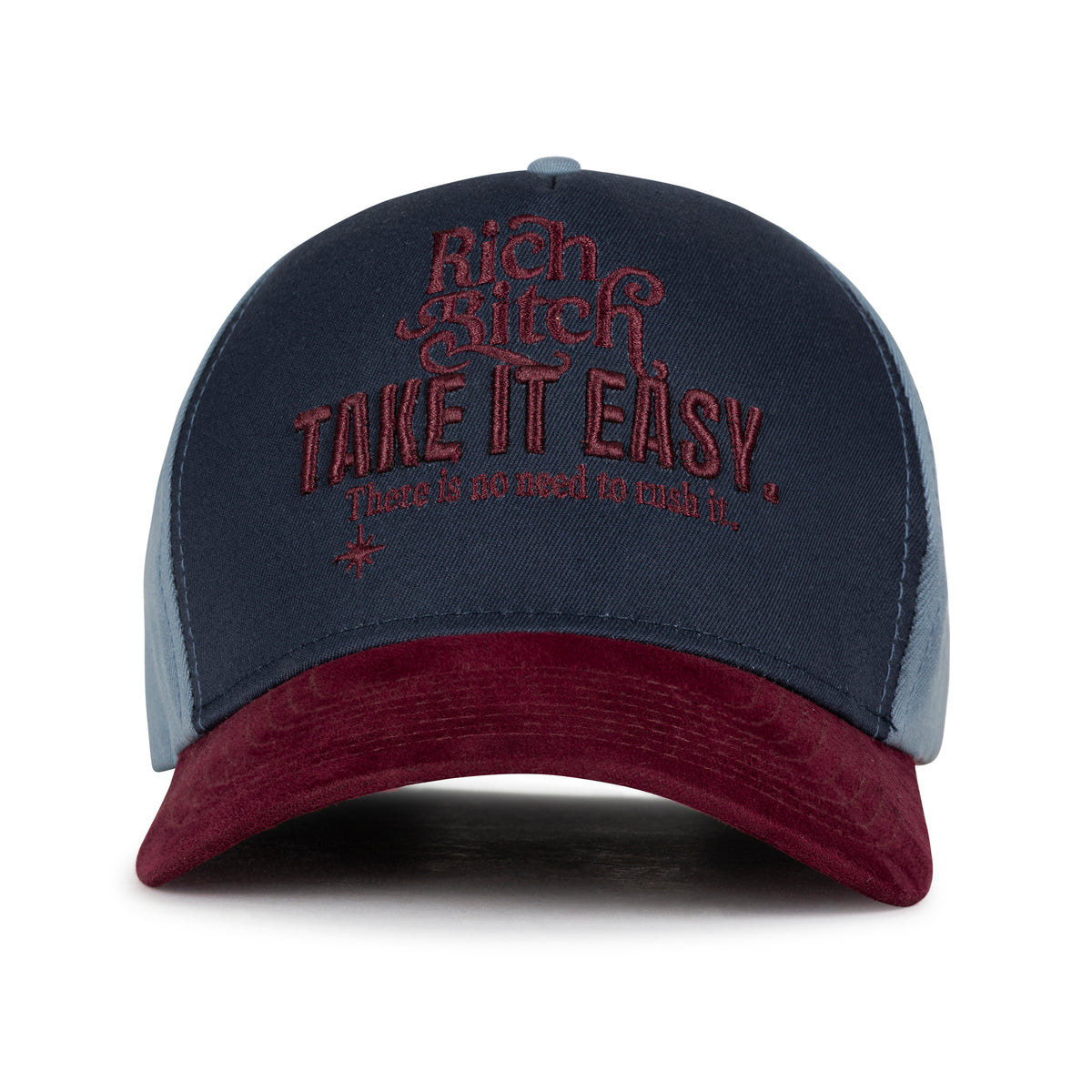 Cap with text 'Rich Bitch Take It Easy' on a white background