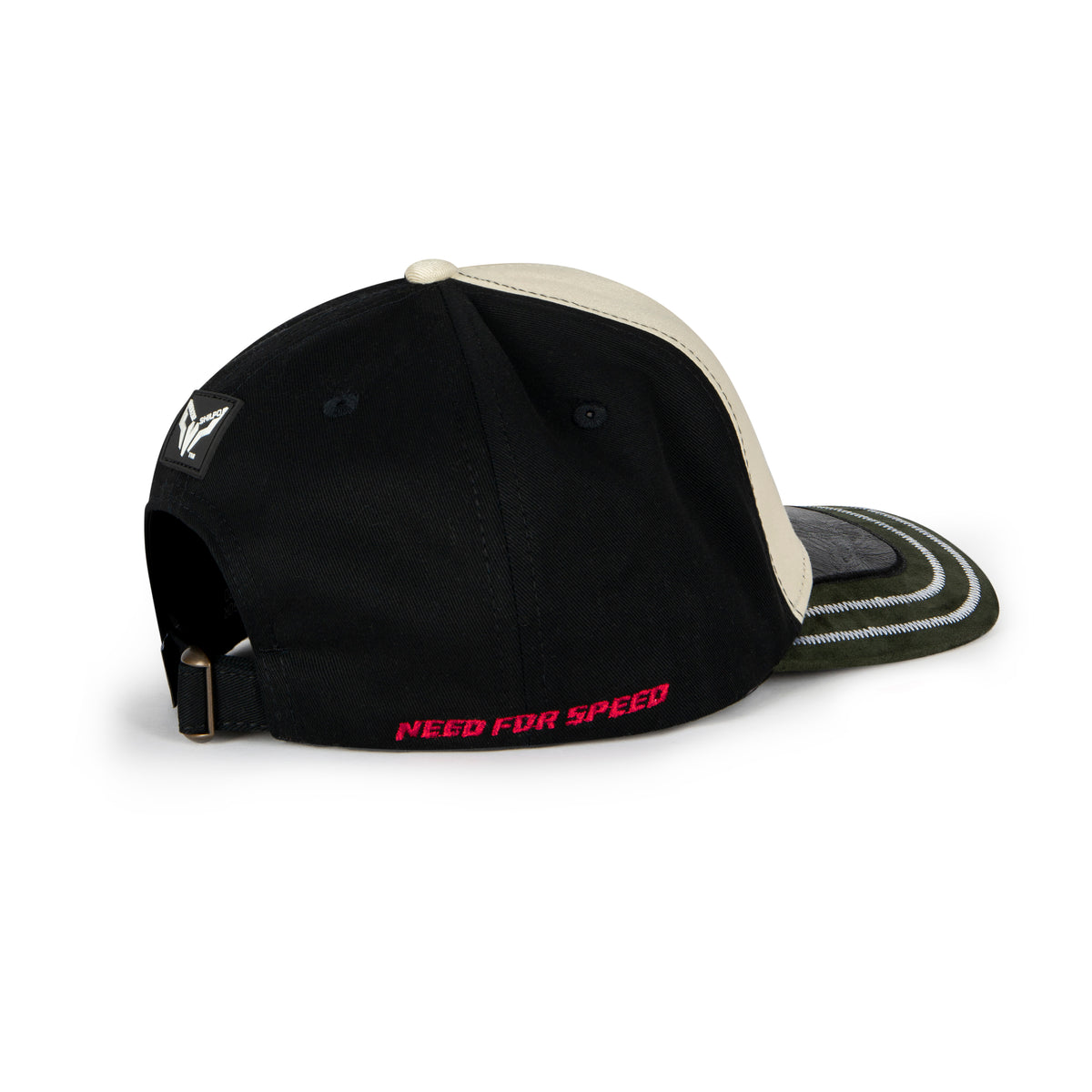 Black cap with white visor and red text on a white background
