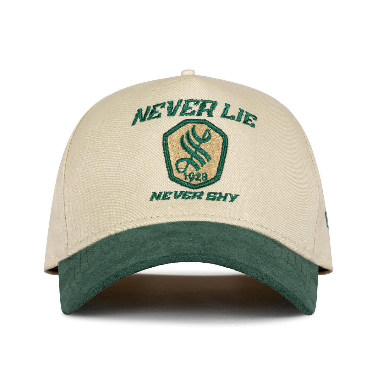 Side view of cream and green cap with Street Vibe green embroidery and woven emblem strap tab