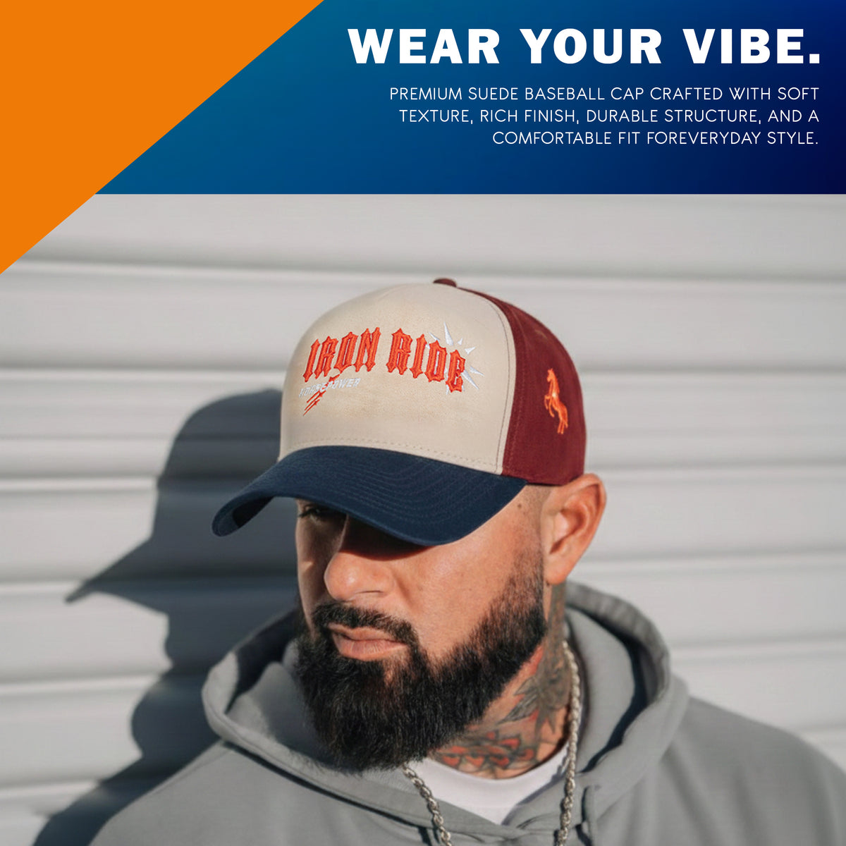 Front view of Iron Ride suede cap with orange 3D blackletter embroidery, white starburst and Horsepower detail
