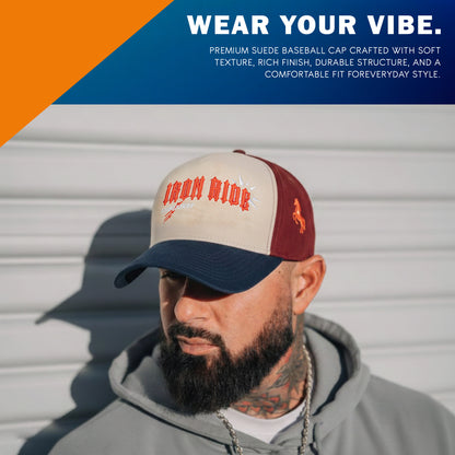 Front view of Iron Ride suede cap with orange 3D blackletter embroidery, white starburst and Horsepower detail
