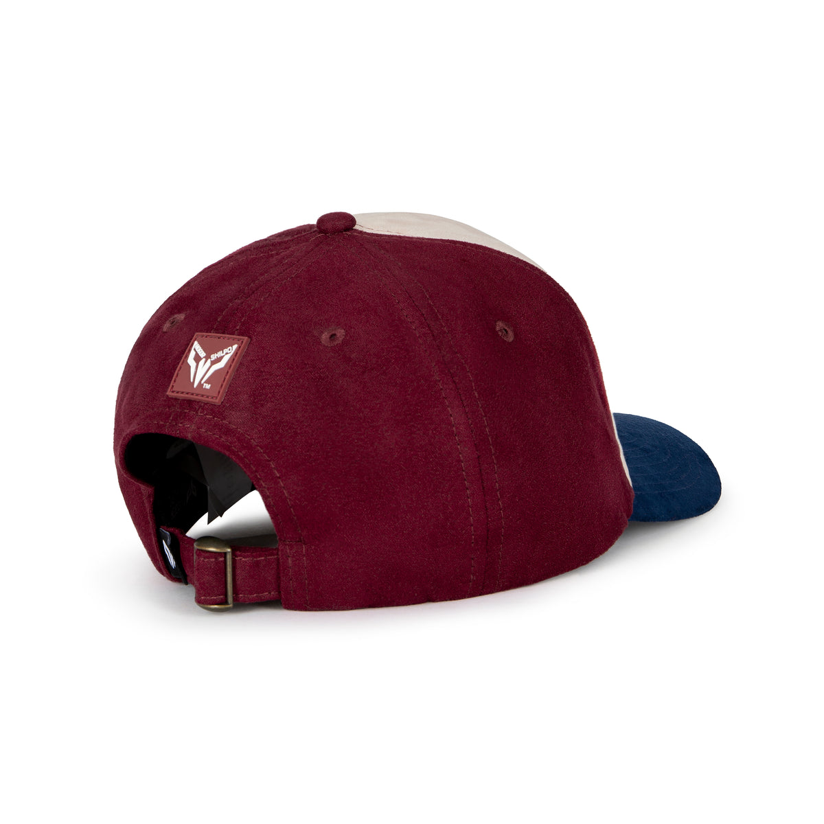 Iron Ride cream, burgundy and navy suede baseball cap with orange blackletter embroidery, front angle