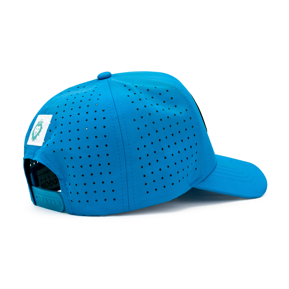 Ride The Wave blue laser-cut cap with surfer wave woven patch, front angle